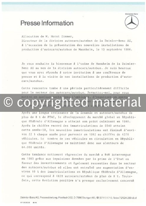 Presseinformationen 13. September 1984 (Französisch)