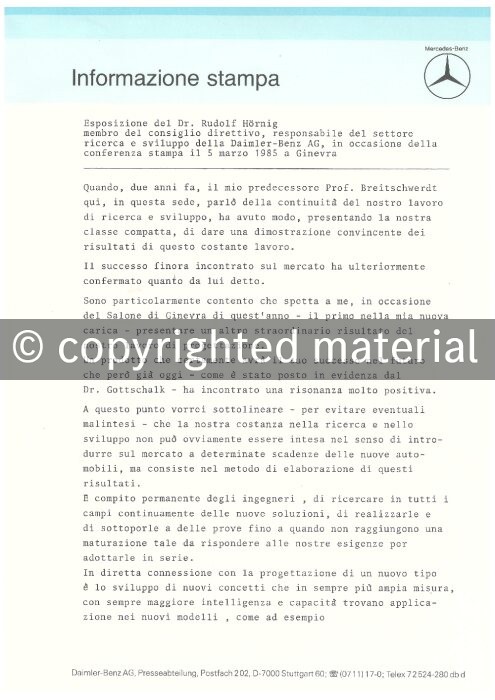 Presseinformationen 7. März 1985 (Italienisch)
