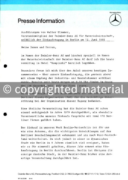 Presseinformationen 12. Juni 1985