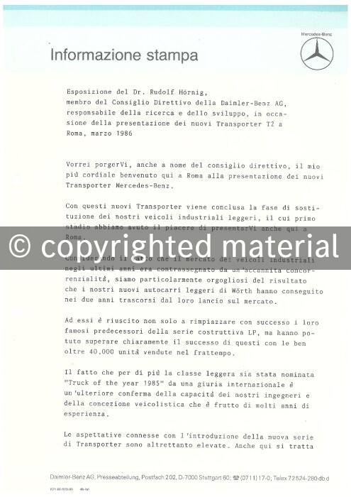 Presseinformationen 17. März 1986 (Italienisch)