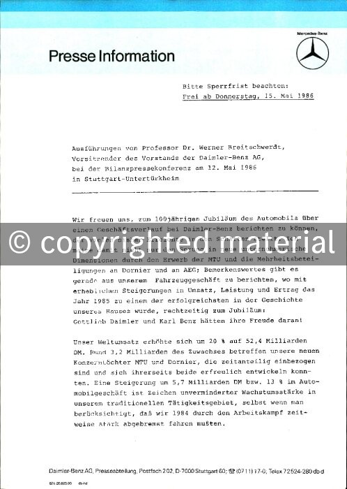 Presseinformationen 12. Mai 1986