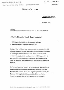 Presseinformationen 21. Dezember 1999