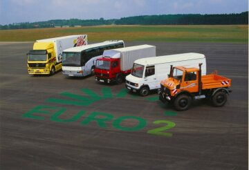 Mercedes-Benz Euro 2 product range, from left:
1838 S tractor unit, touring coach, 817 platform vehicle, 714 D panel van and U 1600 Unimog 427 series,
1994