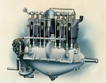 Daimler Flugmotor E 4 F (F 1244), Baujahr 1910/12. Leistung über 60-PS. Helmuth Hirth gewann mit diesem Motor 1911 den "Kathreinerpreis".