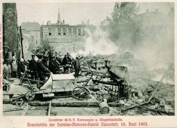 Zerstörungen durch den Brand in den Werkstätten der Daimler-Motoren-Gesellschaft in Cannstatt-Seelberg 10./11.06.1903.