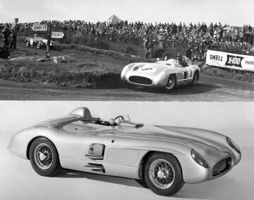 Mercedes-Benz Rennsportwagen 300 SLR
Tourist Trophy Race, Dundrod-Circuit in Nordirland
17. September 1955
Das Fahrerteam: Juan Manuel Fangio/Karl Kling (Startnummer 9) belegten mit Mercedes-Benz 300 SLR Rennsportwagen W 196 S den zweiten Platz im Rennen.