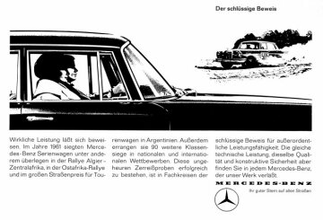 Werbeanzeige Mercedes-Benz: "Der schlüssige Beweis", Motiv: Großer Straßenpreis von Argentinien, 26. Oktober - 5. November 1961. Das Team Walter Schock / Manfred Schiek (Startnummer 505) auf Mercedes-Benz 220 SE.