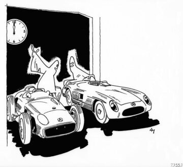 Mercedes-Benz Formel-1-Rennwagen W 196 R (links) und Rennsportwagen 300 SLR (W 196 S), 1955
Witz-Zeichnung
