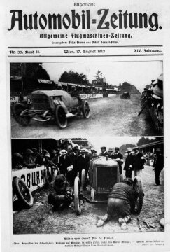 Titelseite, Allgemeine Automobil-Zeitung - Nr. 33, Band 2, Wien, 17.08.1913. Großer Preis von Frankreich bei Le Mans (Coupe de la Sarthe), 04.-05.08.1913. Bild oben: Léon Elskamp (Startnummer 27) mit einem Mercedes Grand-Prix-Rennwagen 37/90 PS Vierzylinder Serienmotor, dahinter Bablot (Startnummer 11) mit einem Delage. In diesem Rennen belegte Elskamp den siebten Platz. Bild unten: Bablots Delage-Wagen beim Reifenwechsel.