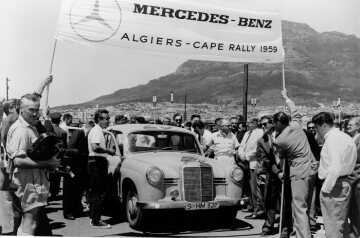 Algiers - Cape Rally, 1959. At the finish in Cape Town in the South African Union, 1959. Karl Kling (on right) and Rainer Günzler (on left) win the rally in a Mercedes-Benz 190 D (W 121).