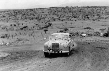 7th East African Coronation Rally, 1959. The overall winner W. A. Fritschy and his co-driver Jack Ellis (start number 23) in a Mercedes-Benz 219 rally car.