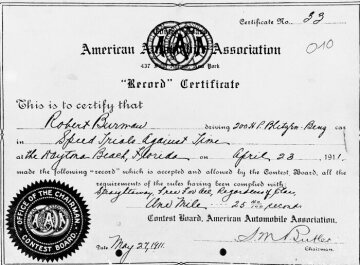 "Record" Certificate confirming the speed record in 1911.