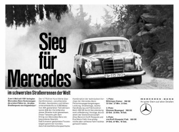 Werbeanzeige Mercedes-Benz 300 SE, Motiv Ralleyfahrzeug, 1964
