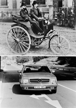 Automotive China.Above .Karl Benz at the steering-wheel of his patent motor car.around 1887.Below a Mercedes-Benz 560 SEC.