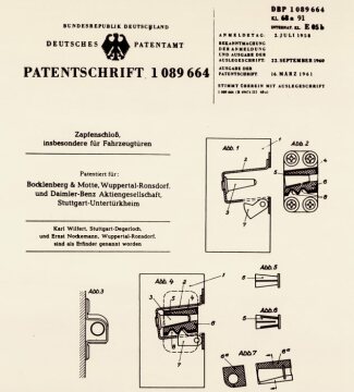 Front page of the patent specification DBP No. 1 089 664 "Conical-pin door lock, especially for vehicle doors", registered by Daimler-Benz AG and Bocklenbeger & Motte on July 2, 1958.