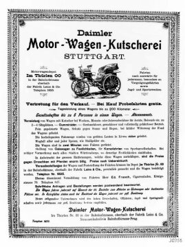 Werbeanzeige "Daimler Motor-Wagen-Kutscherei Stuttgart", 1886