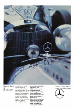 Werbeanzeige Mercedes-Benz: "Welcher Stern ist 25 Jahre alt?", Mercedes 35 PS und Mercedes-Benz 600 (W 100)