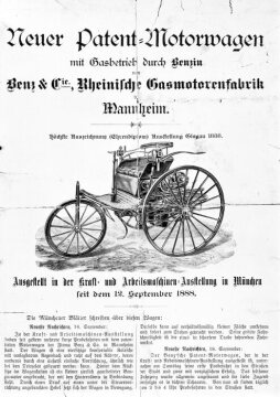 Power and work machines exhibition, Munich, advertising sheet for the Benz Patent Motor Car (Model 3), 1888
Benz Patent Motor Car, Model 3, with 1.5-hp, 2.5-hp, and 3-hp engines, built from 1886 to 1894