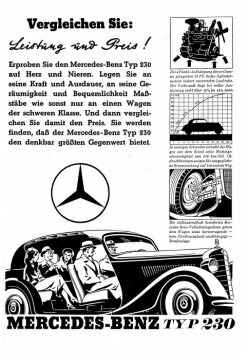 Werbeanzeige Mercedes-Benz: "Vergleichen Sie: Leistung und Preis! Mercedes-Benz Typ 230", erschienen 1938