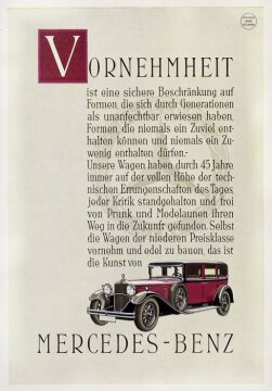 Werbeanzeige Daimler-Benz AG: "Vornehmheit", Motiv: Mercedes-Benz Typ Nürburg 460 Pullmann-Limousine, erschienen 1929