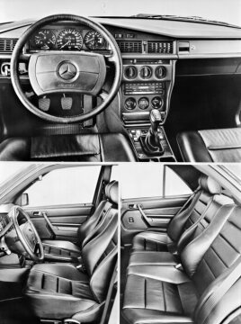 International Automobile Motor Show,Frankfurt.The interior of the Mercedes_benz 190 E 2.3 - 16 with bucket seats,leather upholstery and the additional instruments placed in the centre console.