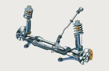 Mercedes-Benz A-Class, model series 168, diagram. The front axle was designed on the McPherson principle. An excellent solution with respect to installation space, kinematics and weight. Print number P33.00-0261-50/01.97, January 1997.