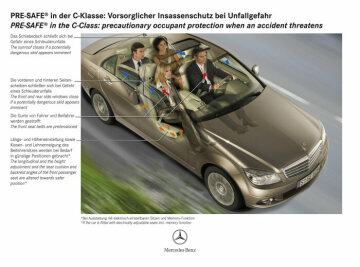 Mercedes-Benz C-Class Saloon and Estate, model series 204, illustration (graphic Grandpierre) of the individual elements of the PRE-SAFE® system (optional extra) using the example of the Saloon.