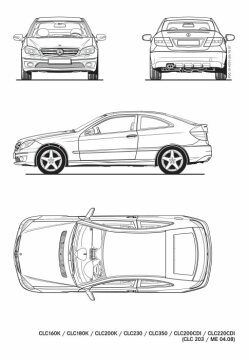 Mercedes-Benz CLC-Klasse, Sportcoupé, Baureihe 203, 2008 - 2011. Vignettenzeichnung von vorn und seitlich.