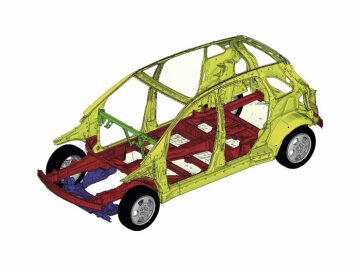 Mercedes-Benz B-Klasse, Sports Tourer, Baureihe 245, Karosseriekonzept und Sicherheit. Ein Maximum an Absorption kinetischer Energie bei geringstmöglichen Einwirkungen auf den Fahrgastraum und die Insassen bei einem Unfall wird durch verschiedene Maßnahmen erreicht. Hierzu zählen die Sandwich-Bauweise mit angehobenem Bodenniveau, die quer eingebaute, um 58 Grad nach vorn geneigte Antriebseinheit mit parallel zur Stirnwand verlaufender Gleitfläche und die ansteigende Verformungskraft der Vorbaustruktur im Rahmen der möglichen Belastung der Fahrgastzelle. Phantomzeichnung.