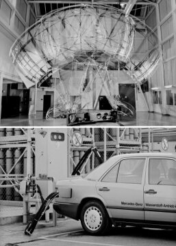 Forschung und Entwicklung
oben: Fahrsimulator im Daimler-Benz Forschungszentrum in Berlin-Marienfelde, 1985
unten: Wasserstoff-Fahrzeug W 124, 1986