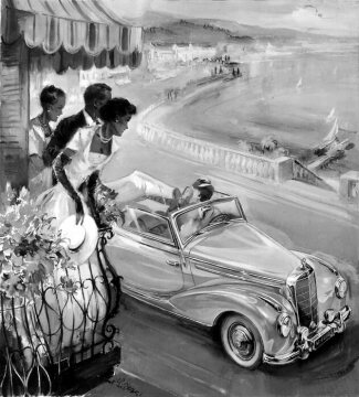 Werbeanzeige Mercedes-Benz, Motiv: zwei Frauen und ein Mann auf Balkon blicken auf Mercedes-Benz Fahrzeug, Mercedes-Benz Typ 170 S, W 136