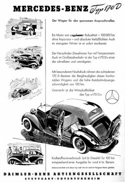 Werbeanzeige Daimler-Benz AG: "Mercedes-Benz Typ 170 D - Der Wagen für den sparsamen Anspruchsvollen."