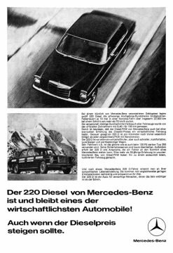 Werbeanzeige Mercedes-Benz: "Der 220 Diesel von Mercedes-Benz ist und bleibt eines der wirtschaftlichsten Automobile! Auch wenn der Dieselpreis steigen sollte", Mercedes-Benz Typ 220 D