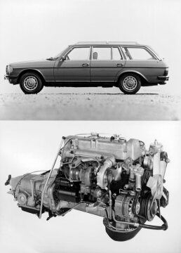 Mercedes-Benz 300 TD Turbodiesel, S 123
Fünfzylinder-Dieselmotor mit Abgas-Turbolader
2988 cm³, 92 kW (125 PS) bei 4350/min