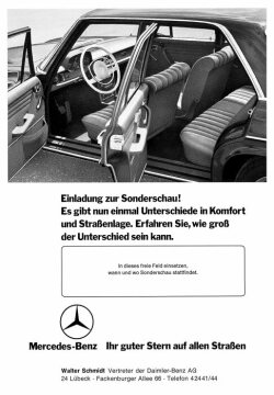 Werbeanzeige Mercedes-Benz: "Einladung zur Sonderschau! Es gibt nun einmal Unterschiede in Komfort und Straßenlage. Erfahren Sie, wie groß der Unterscheid sein kann", Walter Schmidt, Vertreter der Daimler-Benz AG, Lübeck, Mercedes-Benz Typ Baureihe 114/115