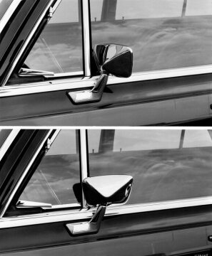 Mercedes-Benz 200 D / 220 D and 200 / 220 from 1967.
The enlarged exterior rear-view mirror was already used in the 110/111 series and was a distinctive feature of the 114/115 series until 1973. The risk of injury to passers-by is reduced by the mirror extending to parallel with the door surface.