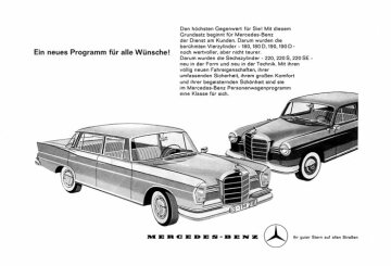 Werbeanzeige Mercedes-Benz: "Ein neues Programm für alle Wünsche", Mercedes-Benz Typ 180, 180 D, 190, 190 D, 220, 220 S, 220 SE