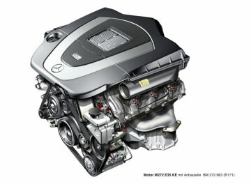 Mercedes-Benz SLK 350, model series 171. Technical graphic, V6 four-valve petrol engine M 272 E 35 KE with mounted parts for the SLK 350, mode variant 272.963. It was used in the SLK 350 from 2004 to 2007. The SLK 350 had a displacement of 3498 cc and an output of 200 kW/272 hp. From 2008, under the designation "Sports engine", this increased to 224 kW/305 hp.