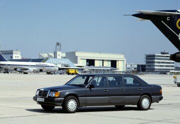 Mercedes-Benz saloon  long wheelbase, 6-door on airfield, 124 series, 1989