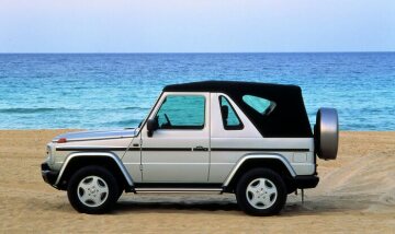 Mercedes-Benz G 320 Cabriolet, 2-door Off-Roader, model series 463, 1997, brilliant silver metallic (MB 9744), soft top black, interior black. 5-hole light-alloy wheels 7.5 x 16 in. Running boards and spare wheel cover in stainless steel (special equipment).