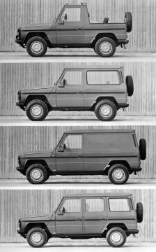 Mercedes-Benz G-series, off-road vehicle, 460 model series, available from 1979 with four different engines, in five body styles with two different wheelbases. From top to bottom: Convertible, station wagon short, panel van long, station wagon long. Each with spare wheel on the rear end (optional extra).