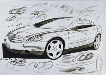 Mercedes-Benz S-Class, model series 220. The design process begins with many futuristic-looking design drawings of the exterior and interior. Some of these were subsequently used as the basis for plastiline and clay models as a way of visualising the various options.