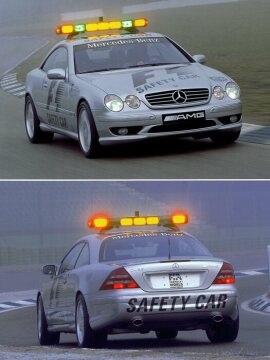 Mercedes-Benz CL 55 AMG F1 Safety Car, Baureihe 215, 2000. Sein 265 kW/360 PS starkes V8-Triebwerk beschleunigt mühelos in nur 6 Sekunden auf 100 km/h und läßt das Coupé die 1.000-Meter-Marke bereits nach 25,4 Sekunden passieren. Der offizielle Fahrer des Formel 1 Safety Car heißt Bernd Mayländer.