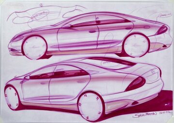 Mercedes-Benz S-Class, model series 220. The design process begins with many futuristic-looking design drawings of the exterior and interior. Some of these were subsequently used as the basis for plastiline and clay models as a way of visualising the various options.