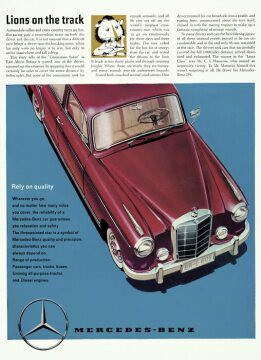 Advertising Mercedes-Benz:  "Lions on the track", Rely on quality, Mercedes-Benz type 219; American Advertising at "Life"; 1959