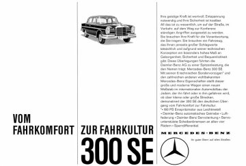 Werbeanzeige Mercedes-Benz: "Vom Fahrkomfort zur Fahrkultur 300 SE", Mercedes-Benz Typ 300 SE