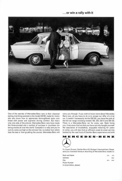 Werbeanzeige Daimler-Benz AG, " ... or win a rally with it", Motiv: Mercedes-Benz Typ 220 SEb der Baureihe W 111, Anfang 1960er Jahre.