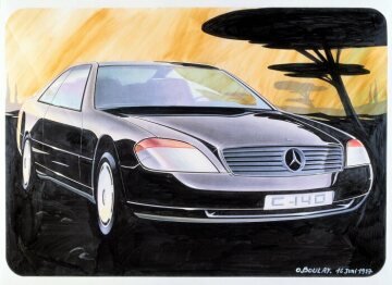 Mercedes-Benz 500 SEC, 600 SEC, Coupé, model series 140. The design process usually begins with futuristic-looking design drawings of the exterior and interior, here an early design from 1987. Plastiline and clay models based on these are subsequently created for visualisation purposes.