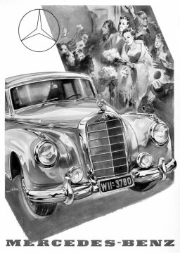 Werbeanzeige Mercedes-Benz, Motiv: Festgesellschaft im Hintergrund, Mercedes-Benz Typ W 186, Kfz-Kennzeichen: WII = 3780