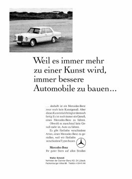 Werbeanzeige Mercedes-Benz: "Weil es immer mehr zu einer Kunst wird, immer bessere Automobile zu bauen...", Walter Schmidt, Vertreter der Daimler-Benz AG, Lübeck, Mercedes-Benz Typ 250 S